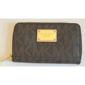 Michael Kors Jet Set Travel Continental Wallet Brown & Gold Zipper